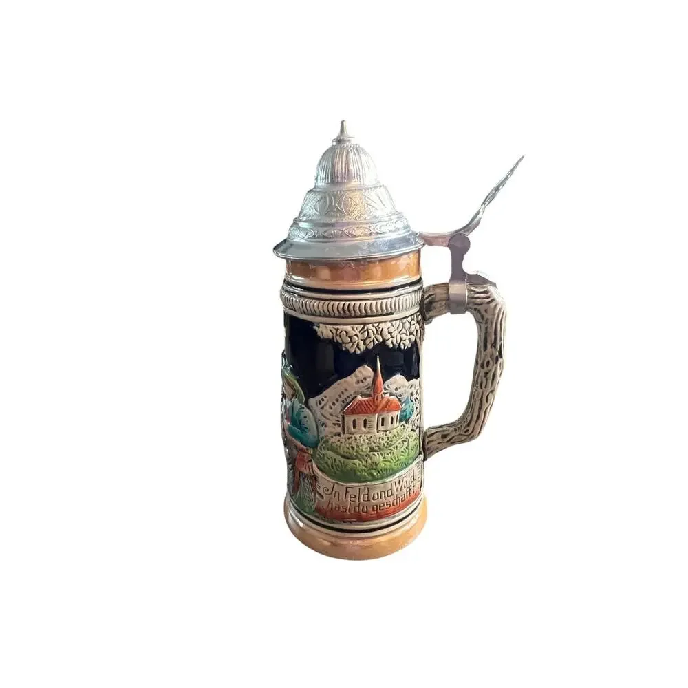 Vintage W Germany Lidded Beer Stein Ceramic Relief Alpine Village Scene Hunter - Picture 8 of 9
